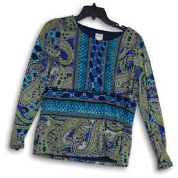 Chico's Womens Blue Paisley Round Neck Long Sleeve Pullover Blouse Top Size 1