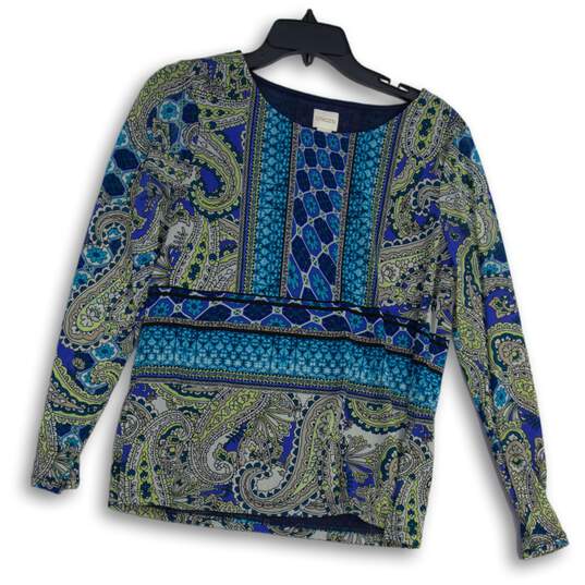 Chico's Womens Blue Paisley Round Neck Long Sleeve Pullover Blouse Top Size 1 image number 1