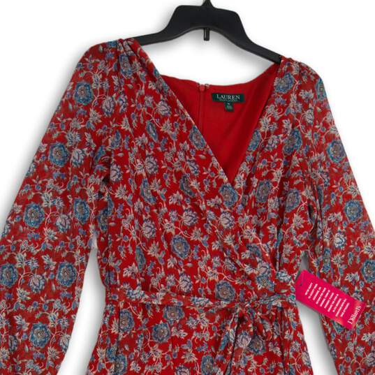 NWT Womens Red Floral Long Sleeve Back Zip Wrap Dress Size 14 image number 3