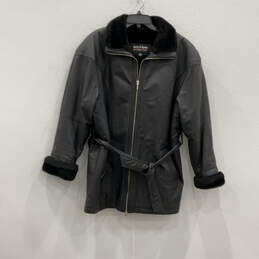 Womens Black Leather Belted Long Sleeve Full-Zip Jacket Size Large