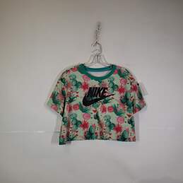 Womens Floral Short Sleeve Round Neck Pullover Cropped T-Shirt Size Large