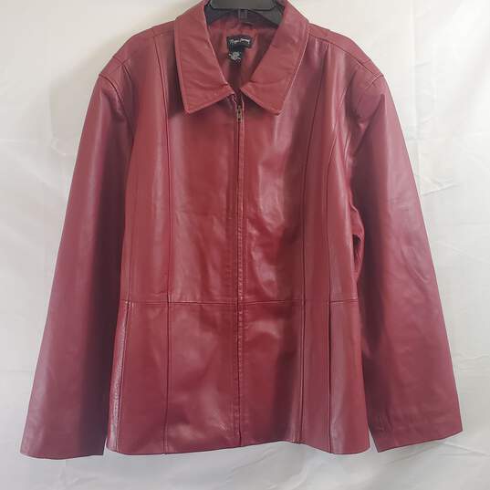 Maggie Barnes Women Red Leather Jacket Sz 4X image number 1