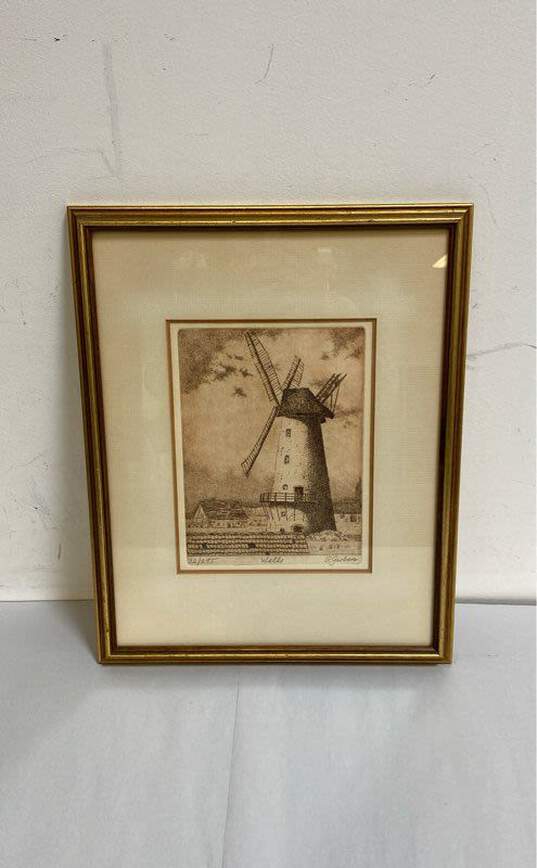 Wells Print of Windmill by P. Garbera Signed. Matted & Framed image number 1