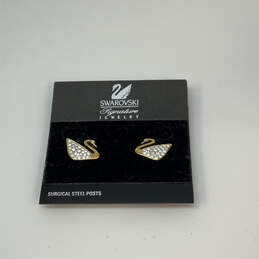 NWT Designer Swarovski Gold-Tone Clear Crystal Swan Pierced Stud Earrings