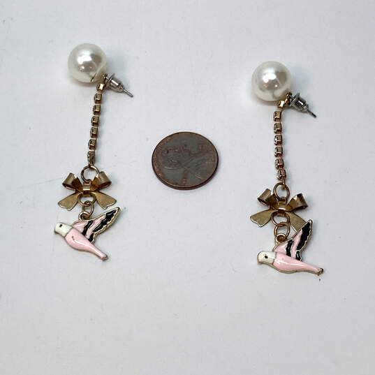 Designer Betsey Johnson Two-Tone Rhinestone Pink Bird Bow Dangle Earrings image number 2