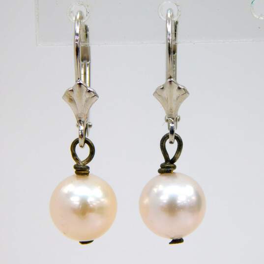 Elegant 14K White Gold Faux Pearl Stud & Drop Earrings 3.4g image number 4