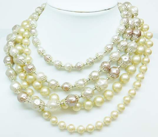 VNTG Pink, White & Champagne Tone Faux Pearl Beaded Necklaces image number 1