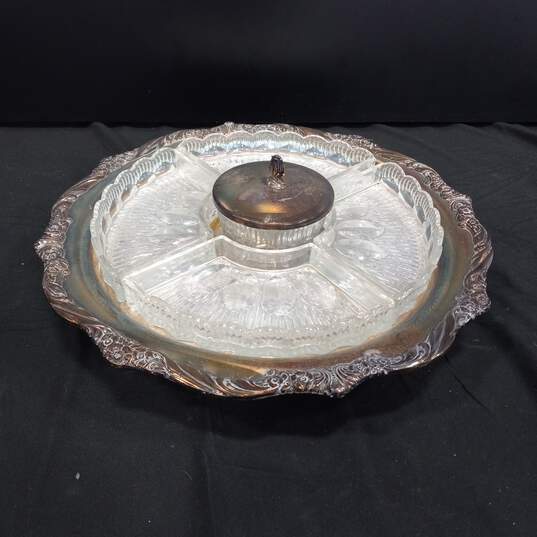 Vintage Rogers Bros. Heritage Silver Plate and Glass Chip and Dip Snack Tray Lazy Susan image number 1