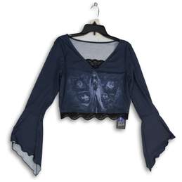 NWT Romwe Womens Blue Lace Trim Long Bell Sleeve Cropped Blouse Top Size L