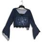 NWT Romwe Womens Blue Lace Trim Long Bell Sleeve Cropped Blouse Top Size L image number 1