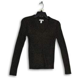 Womens Black Gold Knitted V-Neck Long Sleeve Pullover Sweater Size Small