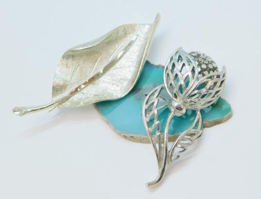 Vintage BSK Lisner Coro & Crown Trifari Silver Tone Leaf Earrings & Brooch Clip On Hoop Earrings & Floral Brooch 74.4g image number 3