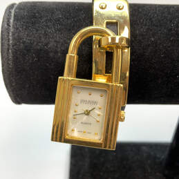 Designer Joan Rivers Gold-Tone Lock Charm Rectangle Dial Analog Wristwatch