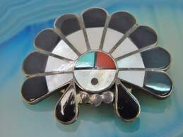 Vintage 925 Zuni Sunface Onyx Mother Of Pearl Turquoise Coral Pendant Brooch 6g