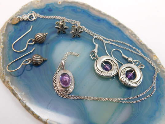 Artisan 925 Amethyst Cabochon Etched Floral Filigree Pendant Necklace & Bead Dotted Circle & Teardrop Drop & Flower Post Earrings 9.8g image number 1