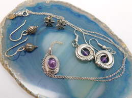 Artisan 925 Amethyst Cabochon Etched Floral Filigree Pendant Necklace & Bead Dotted Circle & Teardrop Drop & Flower Post Earrings 9.8g