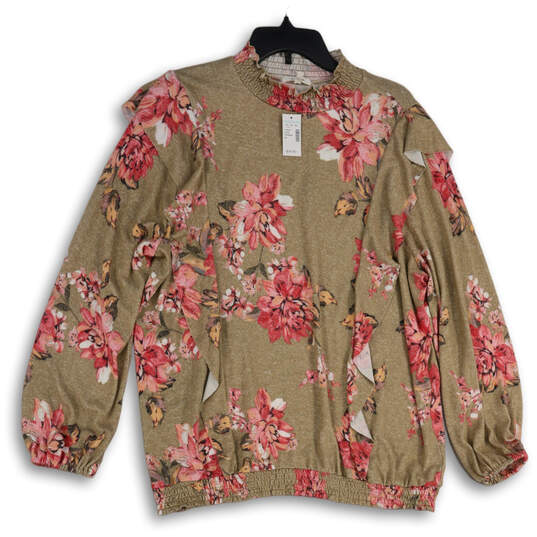 NWT Womens Beige Pink Floral Ruffle Mock Neck Smocked Blouse Top Size 2X image number 1