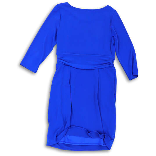 Womens Blue Draped Long Sleeve Round Neck Knee Length Sheath Dress Size 14 image number 2