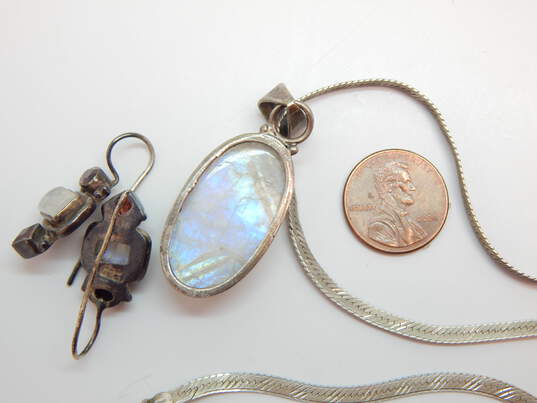 Artisan 925 Moonstone Cabochon Oval Pendant Necklace & Matching Faceted Garnet Granulated Drop Earrings 23.6g image number 5