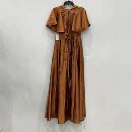 NWT Womens Brown Pleated Flutter Sleeve V-Neck Back Tie Maxi Dress Size 14 alternative image