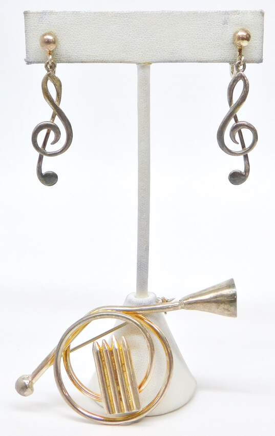 925 Treble Clef Music Note Clip-On Earrings With Taxco French Horn Brooch 21.9g image number 1