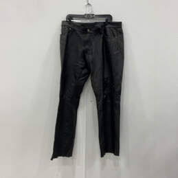 Mens Black Leather Pockets Mid Rise Flat Front Motorcycle Pants Size 38