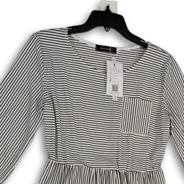 NWT Womens Black White Striped Long Sleeve Elastic Waist A-Line Dress Sz L alternative image