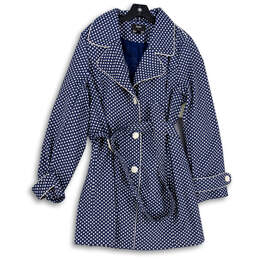 Womens Navy Blue White Polka Dot Collared Cinch Belt Trench Coat Size XL