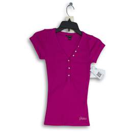 NWT Womens Fuchsia Jewel Applique Short Sleeve Henley Neck Pullover Top Size XS