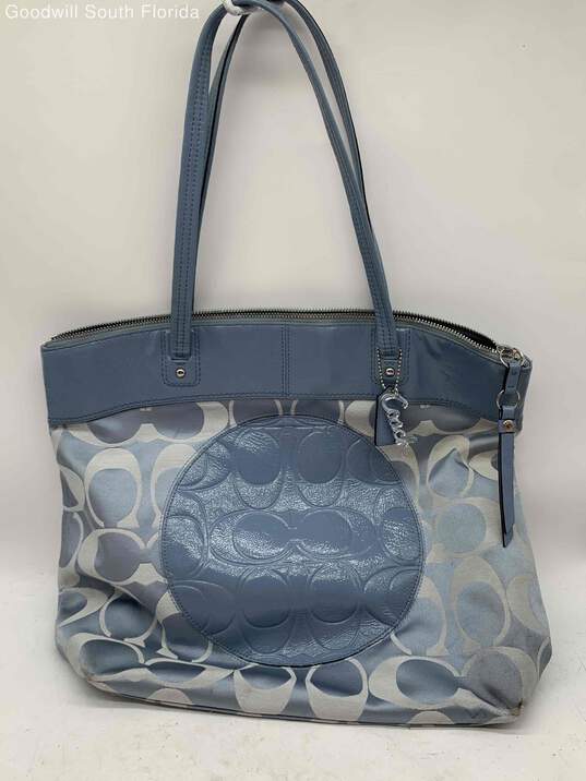 Coach Womens Beige Blue Signature Logo Inner Pockets Tote Crossbody Bag image number 1