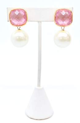 Joan Boyce Rose Gold Tone Pink Crystal Faux Pearl Drop Earrings 31.6g