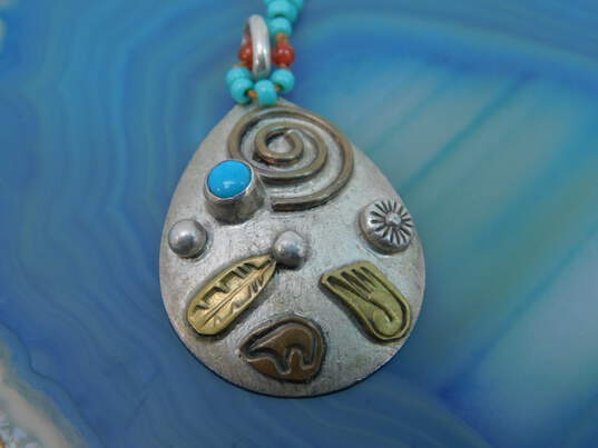 Denna Platero & 925 Southwestern Turquoise Cabochon Spiral Bear Feather Unique Pendant Beaded Necklace & Faux Stone Paneled Bracelet 28.5g image number 2