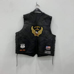 Mens Black Leather Patches Sleeveless Front Pockets Motorcycle Vest Size 2X alternative image