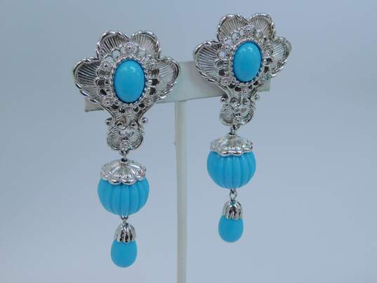 Vintage Barrera for Avon Blue & Silver Tone Clip-On Drop Dangle Earrings 40.9g image number 1