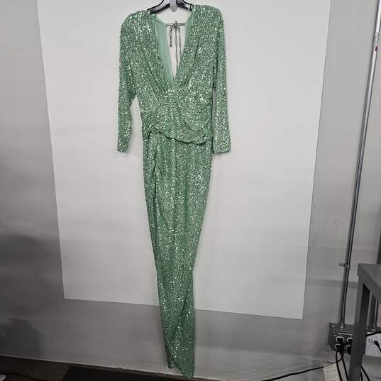 Light Green Sequin Long Sleeve V Neck Wrap Gown Dress with Slit image number 1