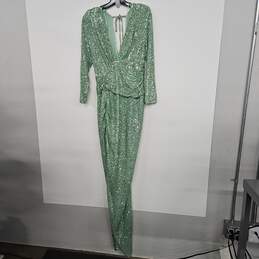 Light Green Sequin Long Sleeve V Neck Wrap Gown Dress with Slit