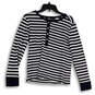 Womens Blue White Striped Henley Neck Knit Pullover T-Shirt Size Medium image number 1