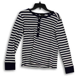 Womens Blue White Striped Henley Neck Knit Pullover T-Shirt Size Medium