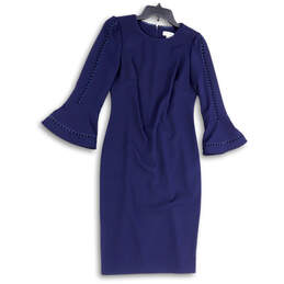 Womens Blue Long Flared Sleeve Back Zip Knee Length Sheath Dress Size 6