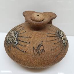 VTG. 1983 *Signed Oil Lamp W/Triple Neck Carma Sand Art Studio Pottery Vase Approx. 8 In. Dia alternative image