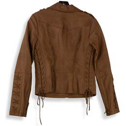NWT Womens Brown Leather Long Sleeve Pockets Motorcycle Jacket Size Small alternative image