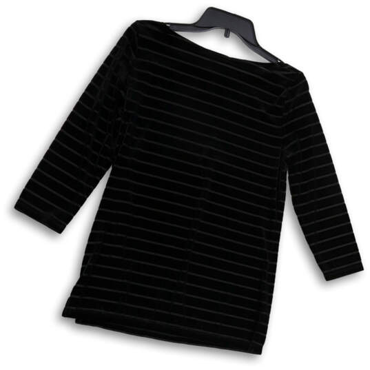Womens Black Striped Round Neck Long Sleeve Pullover Blouse Top Size Medium image number 2