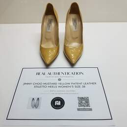 AUTHENTICATED Jimmy Choo Mustard Yellow Patent Leather Stiletto Heels Size 38