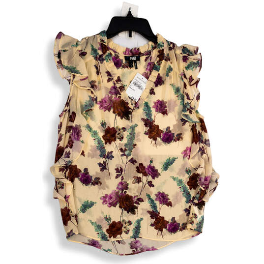 NWT Womens Cream Purple Floral Ruffle Sleeve V-Neck Blouse Top Size Small image number 1