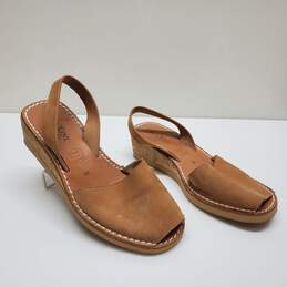 Calaxini Cork Wedges Sandals Womens 38 8 Tan Leather Slingback Peep Toe