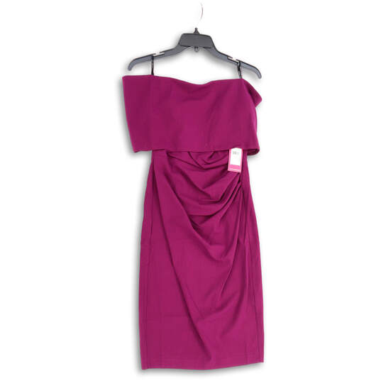 NWT Womens Purple Off The Shoulder Back Zip Knee Length Sheath Dress Size 4 image number 1