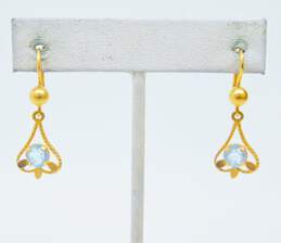 Vintage 18K Yellow Gold Pale Blue Glass Dangle Earrings 3.7g