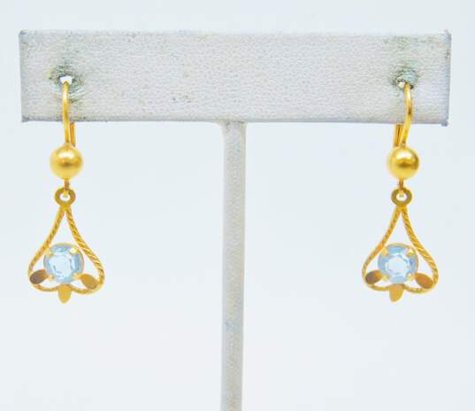 Vintage 18K Yellow Gold Pale Blue Glass Dangle Earrings 3.7g image number 1
