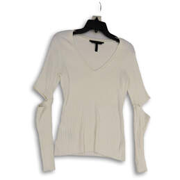 Womens White V-Neck Knitted Long Sleeve Cut Out Elbow Pullover Sweater Sz M