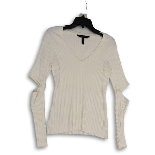 Womens White V-Neck Knitted Long Sleeve Cut Out Elbow Pullover Sweater Sz M image number 1